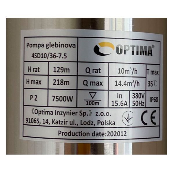 Насос свердловинний з підв. стійк. до піску OPTIMA 4SD10/36 7.5 кВт 218м 3-фазний ( 2 частини ) 19148 фото